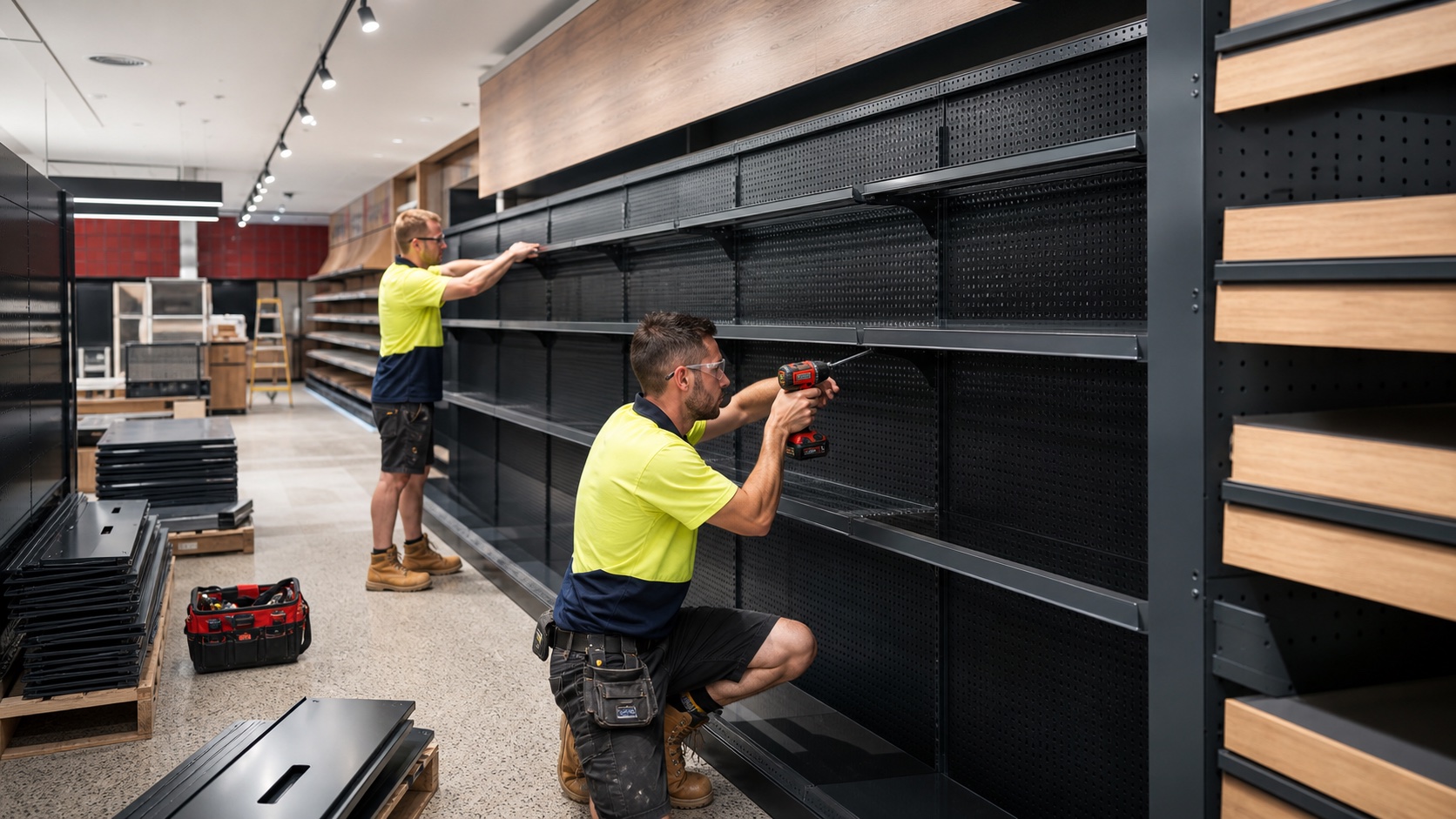 Professional installers assembling retail shelving on site