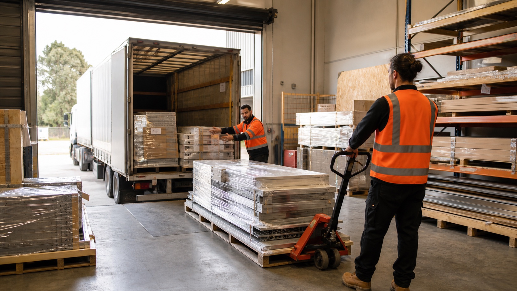 Retail fixtures being prepared and loaded for delivery